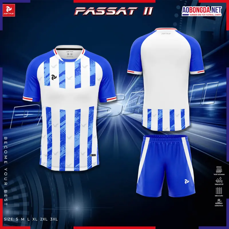 Áo Bóng Đá Không Logo Justplay Passat II Trắng Xanh