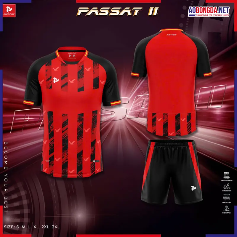 Áo Bóng Đá Không Logo Justplay Passat II Đỏ Đen