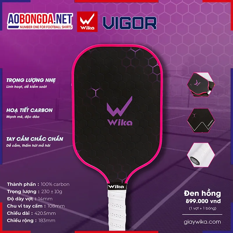 Set 1 Vợt + 1 Bóng Pickleball Wika Vigor Đen Hồng