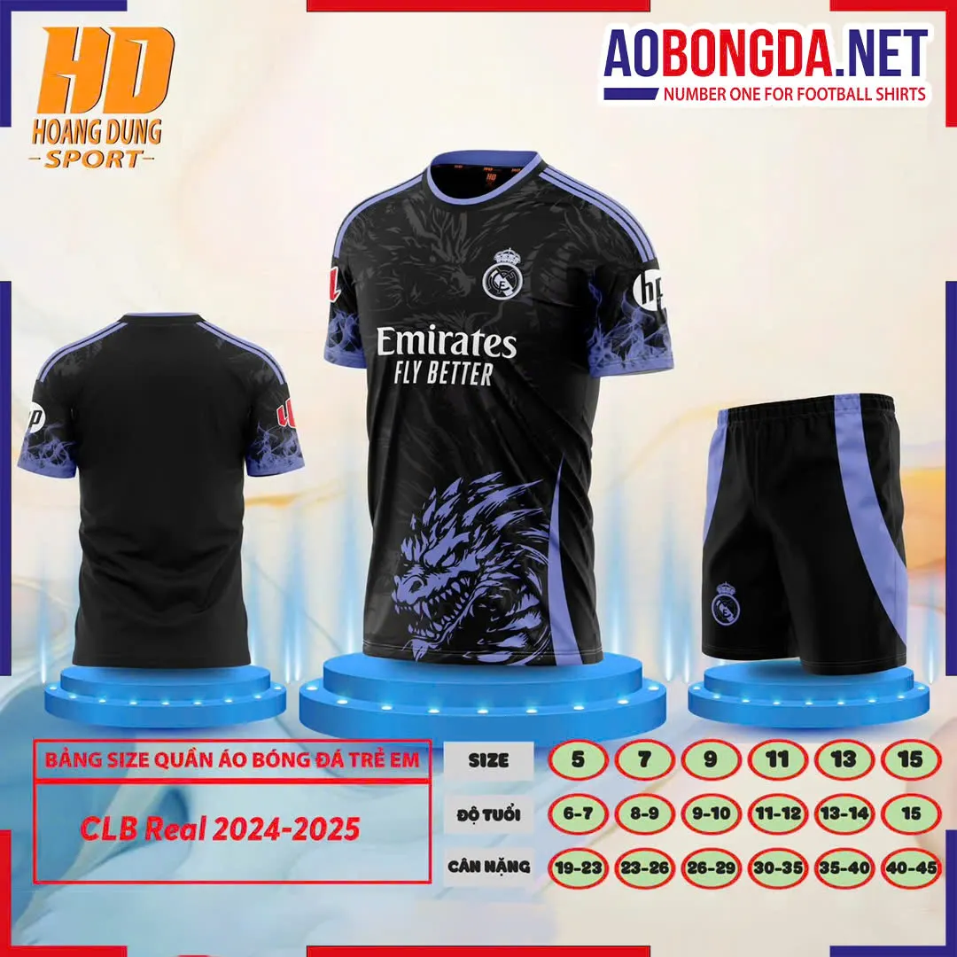 Áo Bóng Đá Câu Lạc Bộ Real Madrid Trẻ Em Đen Rồng Viền Tím 2024-2025