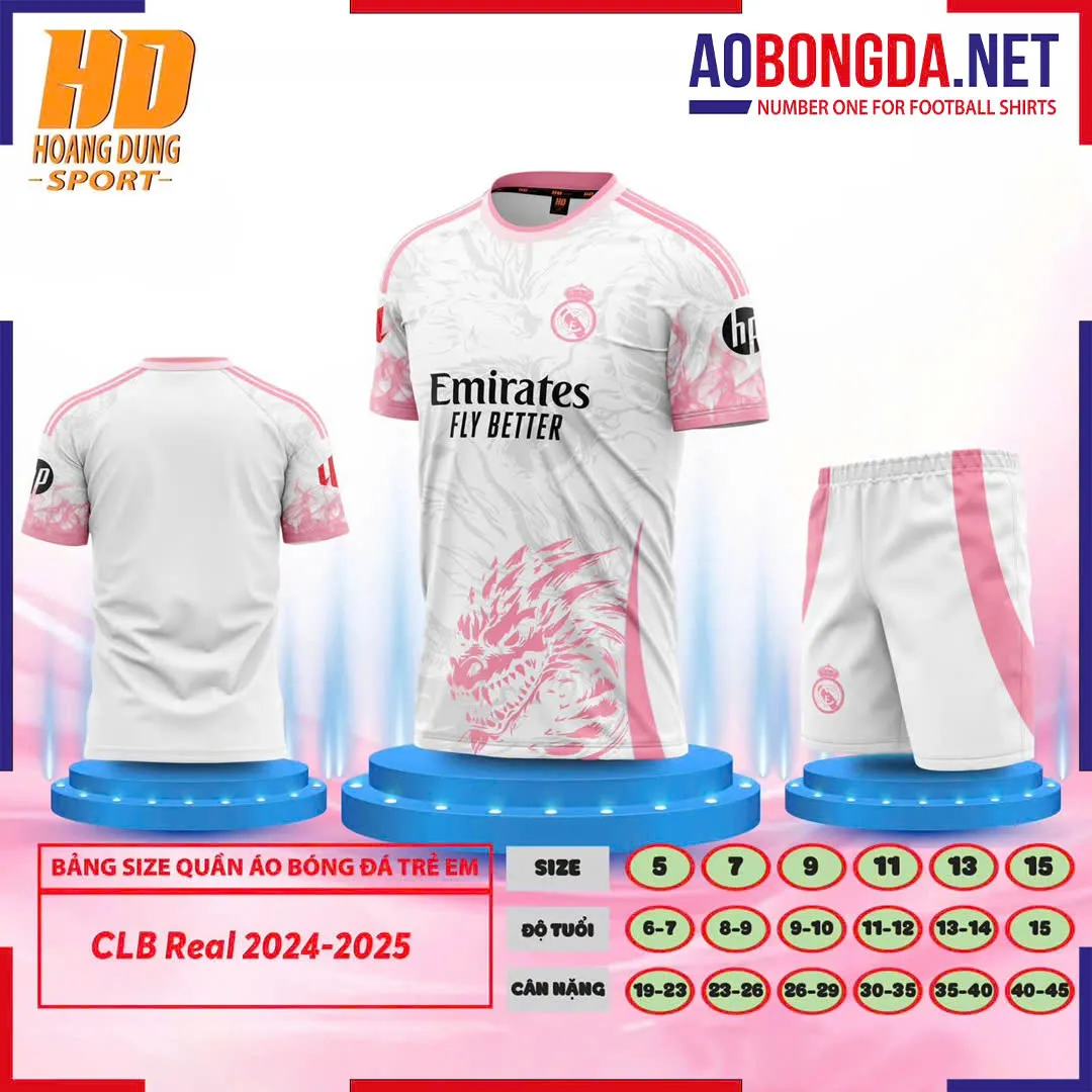 Áo Bóng Đá Câu Lạc Bộ Real Madrid Trẻ Em Trắng Hồng 2024-2025