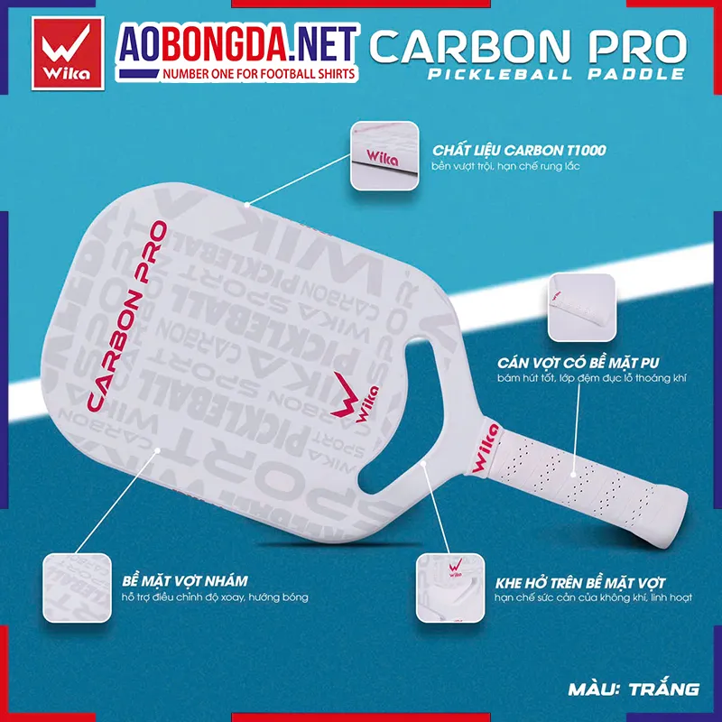 Vợt Pickleball Wika Carbon Pro Trắng