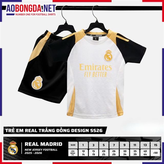 Áo Bóng Đá Câu Lạc Bộ Real Madrid Trẻ Em Trắng Đồng 2025-2026